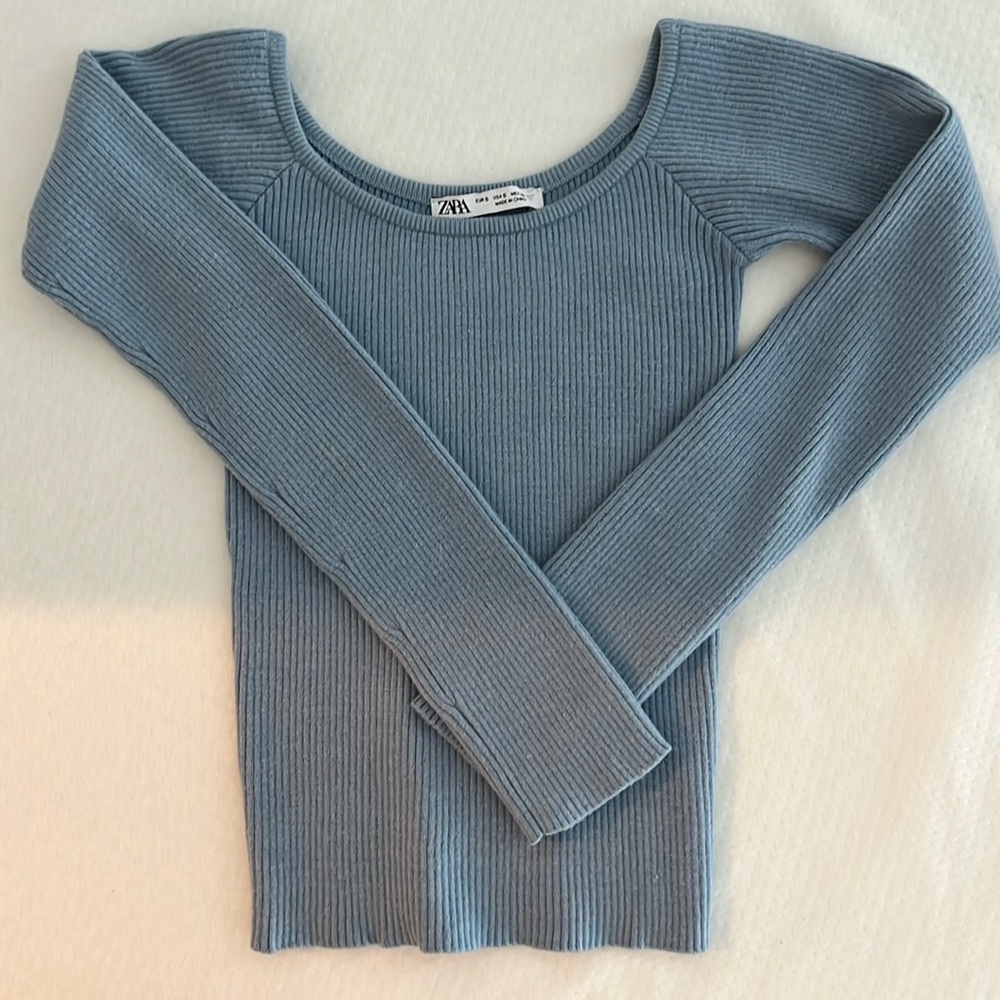 Zara Baby Blue Ribbed Knit Top - Off the shoulders